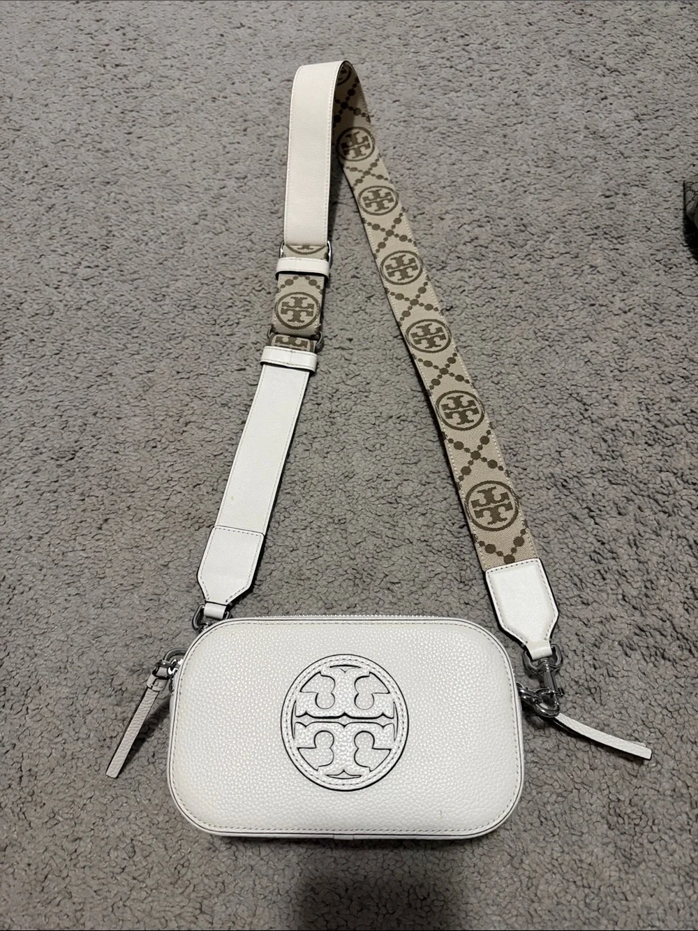 Tory Burch White Pebbled Leather Crossbody with Logo Web Strap